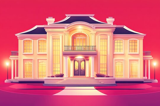 Illuminated grand mansion at dusk with symmetrical design