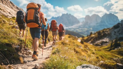 Group Hiking Adventure in Majestic Mountains.  A breathtaking view of the mountains and a group of hikers enjoying a scenic trail