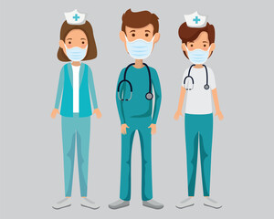 nurses with paramedic using face mask isolated icon vector illustration