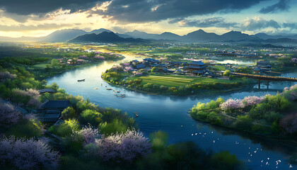 Fototapeta premium Traditional oriental countryside showcases picturesque scenery.