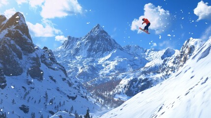 Breathtaking Snowboard Jump in Majestic Alpine Mountains. Epic Winter Landscape with a Snowboarder in Action. Stunning Winter Sports Scene