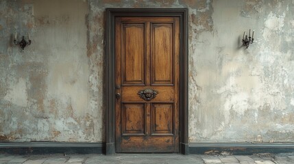 Fototapeta premium [Vintage Aesthetic Timeless Shabby Art] Rusted Wooden Door in Ancient Stone Wall with Faded Paint and Weathered Wood Panel