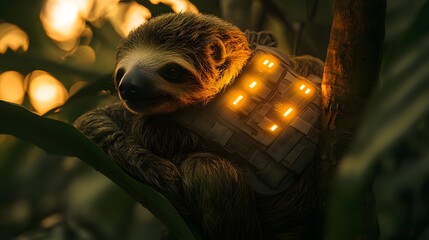 Fototapeta premium Sloth with glowing vest in a lush environment.