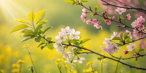 Obraz premium A sunlit springtime scene of delicate blossoms on branches, showcasing the beauty of nature's gentle awakening
