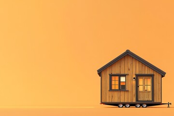Tiny house on wheels against orange backdrop, minimalist concept