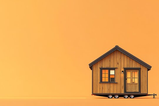 Tiny house on wheels against orange backdrop, minimalist concept