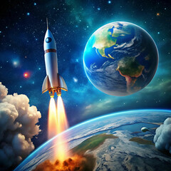 Obraz premium A dynamic scene of a rocket launching into space with Earth in the background