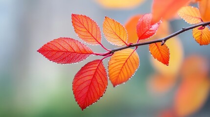 Obraz premium Vibrant Autumn Leaves with Dew Drops on Branch Showcasing Stunning Shades of Orange and Red Against a Blurred Natural Background of Soft Hues