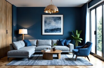 Fototapeta premium Interior design project with modern organic style, room with sofa, carpet, magazine table, chandelier and armchair in blue colors 