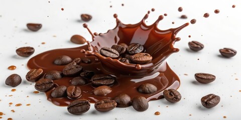 A delicious splash of dark, rich coffee liquid with roasted beans creating an artistic coffee bean and liquid explosion