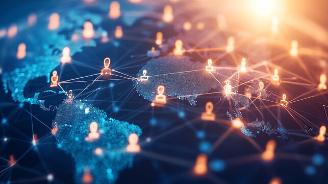 A digital network of faces illustrates the modern approach to connecting professionals worldwide.