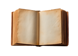 Vintage open book with aged blank pages and a leather cover on a white background