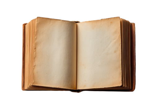 Vintage open book with aged blank pages and a leather cover on a white background