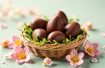 Chocolate eggs in a basket on a light flower background 