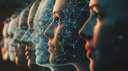 A digital network of faces illustrates the modern approach to connecting professionals worldwide.