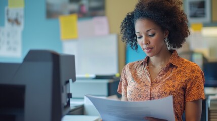 Focused Business Woman Reading Documents in Modern Office Setting.  A professional woman engrossed in paperwork