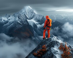  Hiking Solo in Majestic Mountains Under Grey Skies with Adventurous Backpacker on Mountain Peak