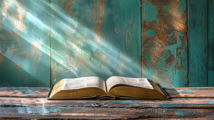 Օpen Bible on a wooden table, with a spotlight on the pages and highlighting․