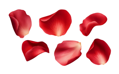 A falling or flying red rose flower petals isolated on a transparent background [PNG].


