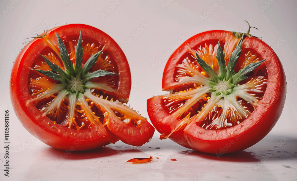 Poster two tomatoes are cut in half and one of them has a stem. the other tomato is cut in half and has a s