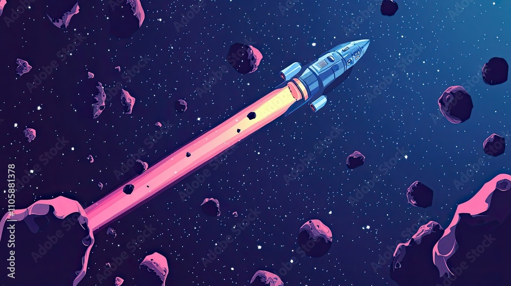 Sticker rocket ship soaring through asteroid field in space