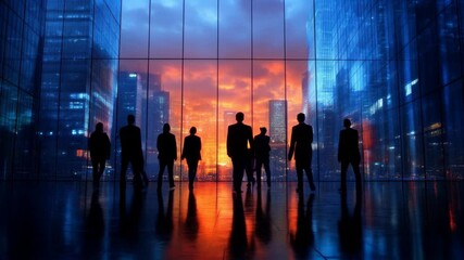 Silhouetted figures standing in unity before a modern glass building at sunset, representing collective ambition