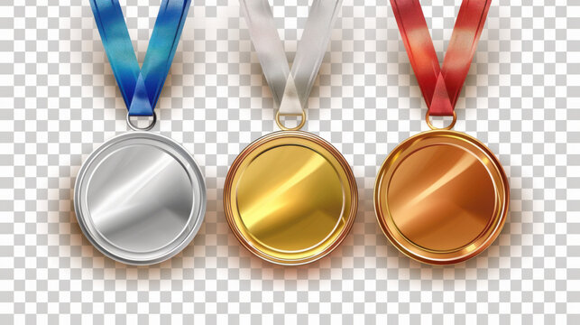 Gold, silver and bronze medals, sport athlete winners award with ribbonsd.