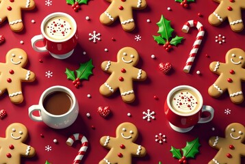 Naklejka premium Christmas Gingerbread Cookie Seamless Pattern - Festive Red Background