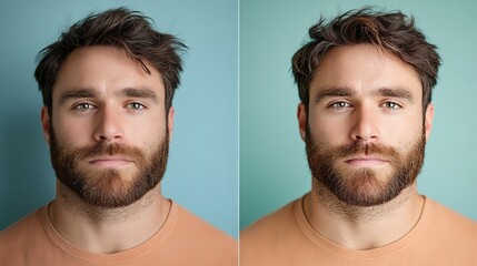 Fototapeta premium A young Caucasian man with a strong beard and tousled hair, posing against a pastel-colored background, conveying a calm and confident demeanor., contrast of hair style, comparison