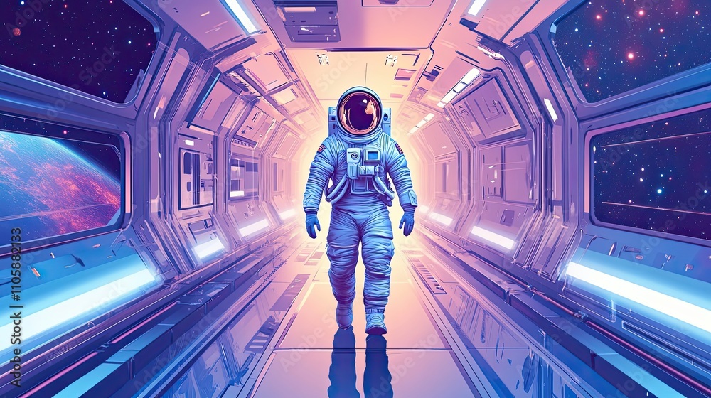 Canvas Prints astronaut walking down a futuristic space corridor
