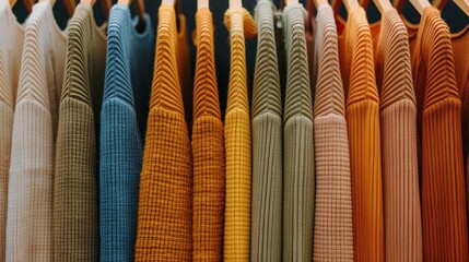 A row of ribbed knit sweaters in earthy and vibrant tones hanging on wooden hangers, showcasing cozy textures and warm autumnal hues
