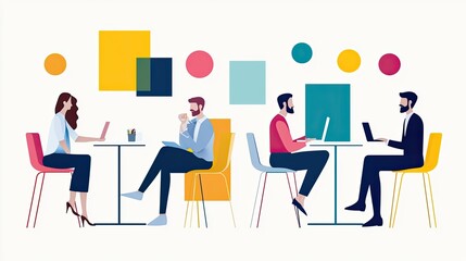 Modern Workspace Illustration Featuring Individuals Collaborating at Tables with Laptops in a Bright and Colorful Setting
