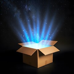 An open cardboard box emits radiant light beams in a dark, expansive setting, evoking themes of discovery, potential, and the unknown