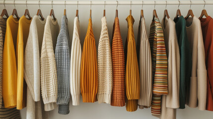 A collection of sweaters in earthy and warm tones, including textures and patterns, hung neatly on wooden hangers, showcasing a cozy and autumnal wardrobe