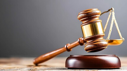 A wooden gavel rests on a sound block alongside a balancing scale, symbolizing justice and the legal system.
