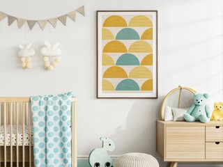 Minimalist nursery design featuring a crib, wooden poster frame, soft pastel hanging decorations, and plush toys on a modern white dresser, creating a bright and cheerful atmosphere
