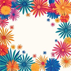 Obraz premium Vibrant Floral Frame with Colorful Flowers and Leaves on a Light Background for Creative Design, Invitations, and Decorative Artwork Use