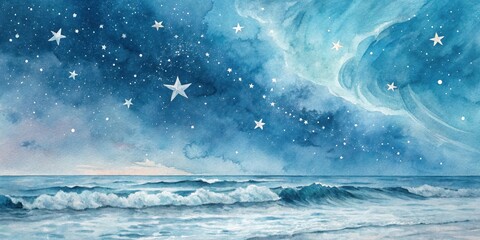 Fototapeta premium Serene Nightscape Ocean Waves Under a Starry Sky with Gentle Watercolor Hues