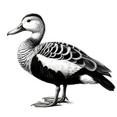 a black-bellied whistling duck sketch engraving. White background.