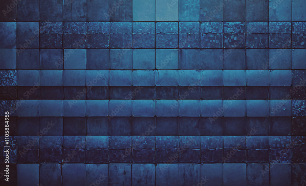 Poster the wall is made of blue and white tiles, and it is very long. the tiles are arranged in a pattern, 