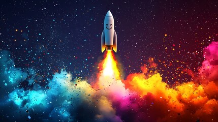Cute Cartoon Rocket Blasting Off with Colorful Smoke Trail on White Background