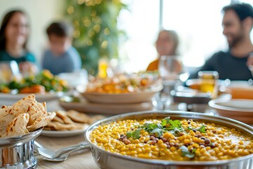 Colorful Indian Feast with Delicious Dishes and Happy Diners