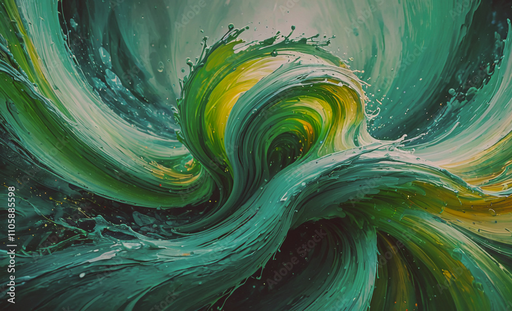 Poster Vibrant green and yellow wave pattern is swirling in the water. The colors are bold and eye-catching, creating a dynamic and lively scene. The water appears to be moving in a circular motion