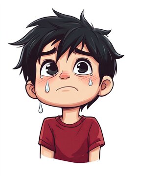 make a chibi design of a guy with black hair wearing red shirt in different reactions and no background Sad boy with tears illustrating emotions.