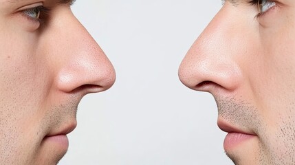 Obraz premium Close-up Profile of Two Men's Faces in Symmetrical Position with a Neutral Background, Highlighting Features and Facial Expressions for Artistic and Commercial Use