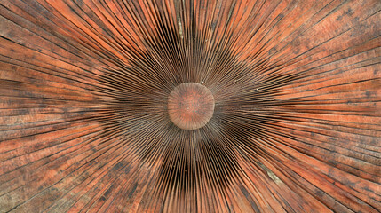 Obraz premium Intricate radial lines converge at the center of a sunburst-like, reddish-brown wooden surface, creating a captivating texture.