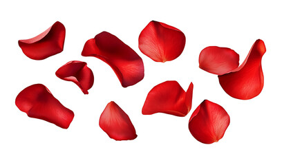 A falling or flying red rose flower petals isolated on a transparent background [PNG].


