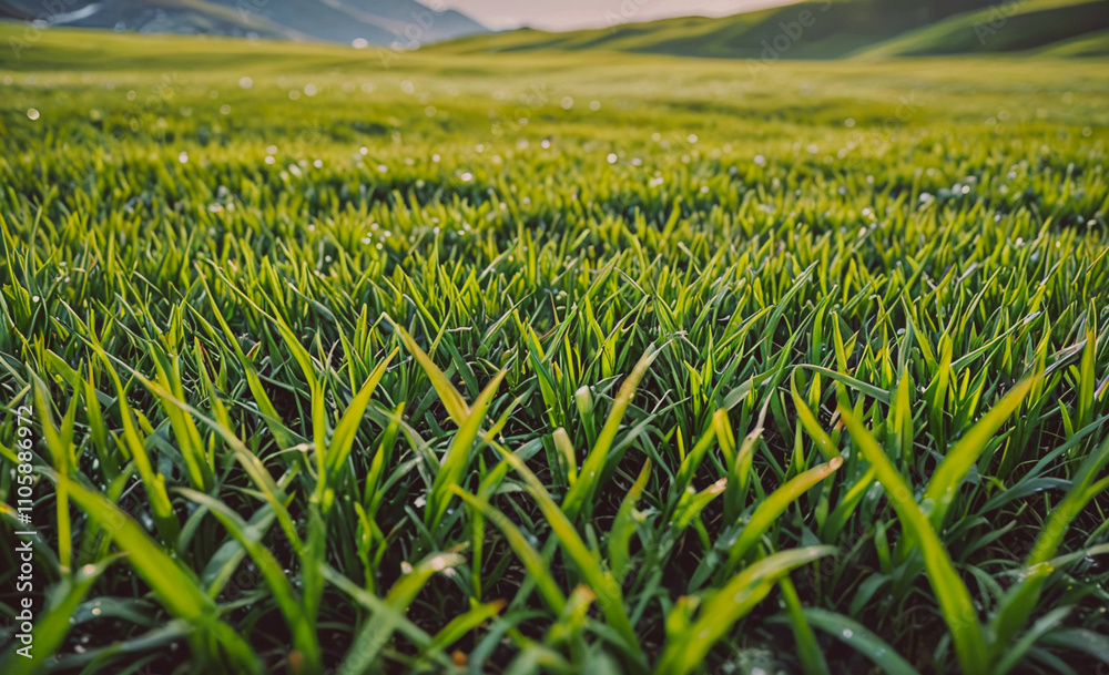 Aufkleber field of grass is wet and green. the grass is tall and the ground is wet