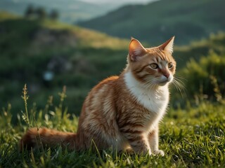 Cute cat on a hillside grassland.