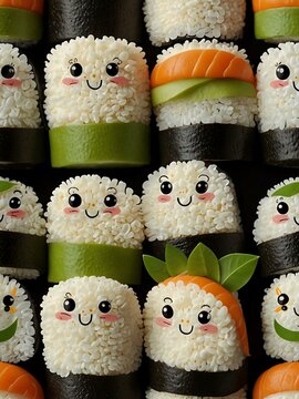 Naklejki Cute cartoon sushi with a smiling face and green garnish.